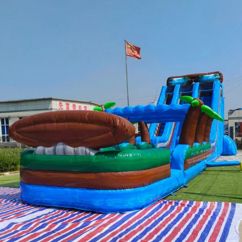 Water Slide Inflatable - 業務用トロピカルビーチインフレータブルウォータースライド、巨大トリプルレーン、0.55mm PVCターポリン製ウォータースライド（プール付き）、屋外遊具
