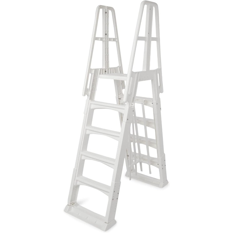 Pool Ladder Above Ground - Vinyl Works SLA A-フレーム 48～56インチ調整可能地上設置型プールラダー入場システム（スライドロックバリア、手すり付き）