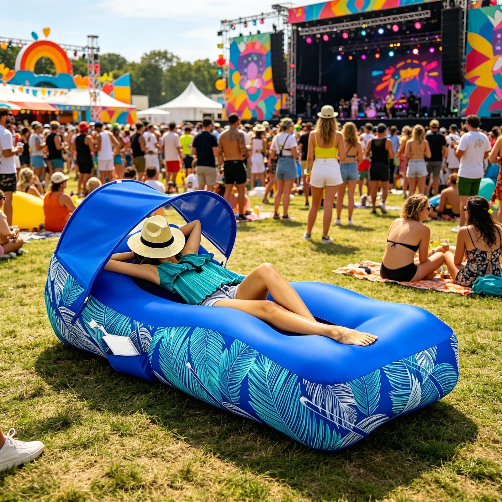 Pool Lounger Inflatable - サンシェード付きインフレータブルラウンジャー、ポータブルビーチキャノピーソファ、キャンプ、庭、プール、夏の屋外リラックスに最適