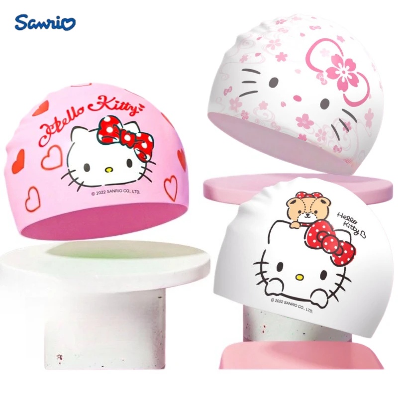 Pool Cover Waterproof - アニメハローキティ漫画水泳キャップ PU 防水耳保護水泳帽子弾性入浴帽子プールキャップ少年少女用