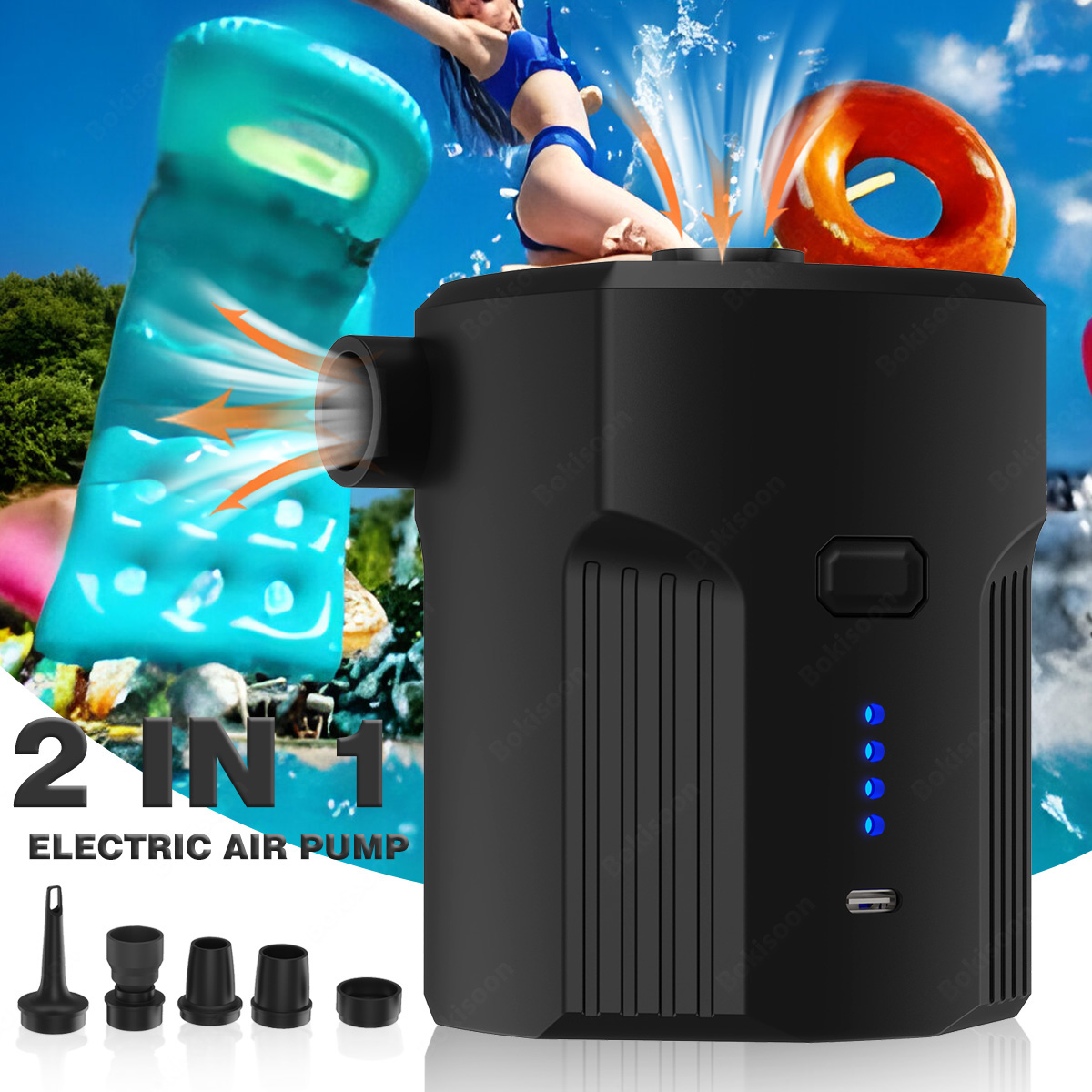 Pool Lounger Inflatable - 屋外キャンプ、エアマットレスベッド、ボート、クッション、ソファ、プールフロート用の5つのノズル付きインフレータブル用ポータブル電動エアポンプ