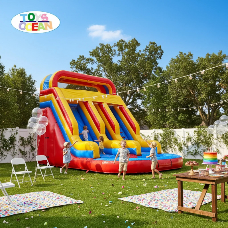 Water Slide Inflatable - 赤黄青トリプルレーンインフレータブルウォータースライド | 業務用ウォータースライド（プール付き）屋外夏イベント向け