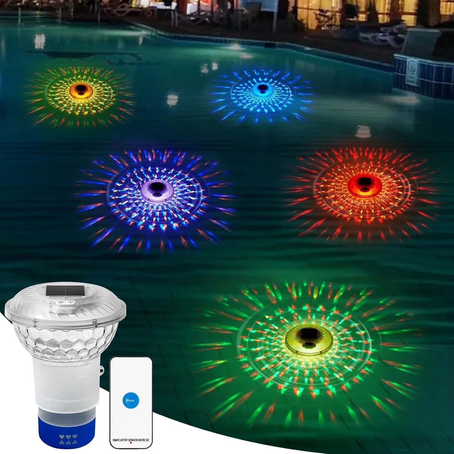 Pool Light Solar Rechargeable - リモコン付きソーラー充電式プールライトRGBカラー投影フローティングランプ屋外ガーデン景観照明